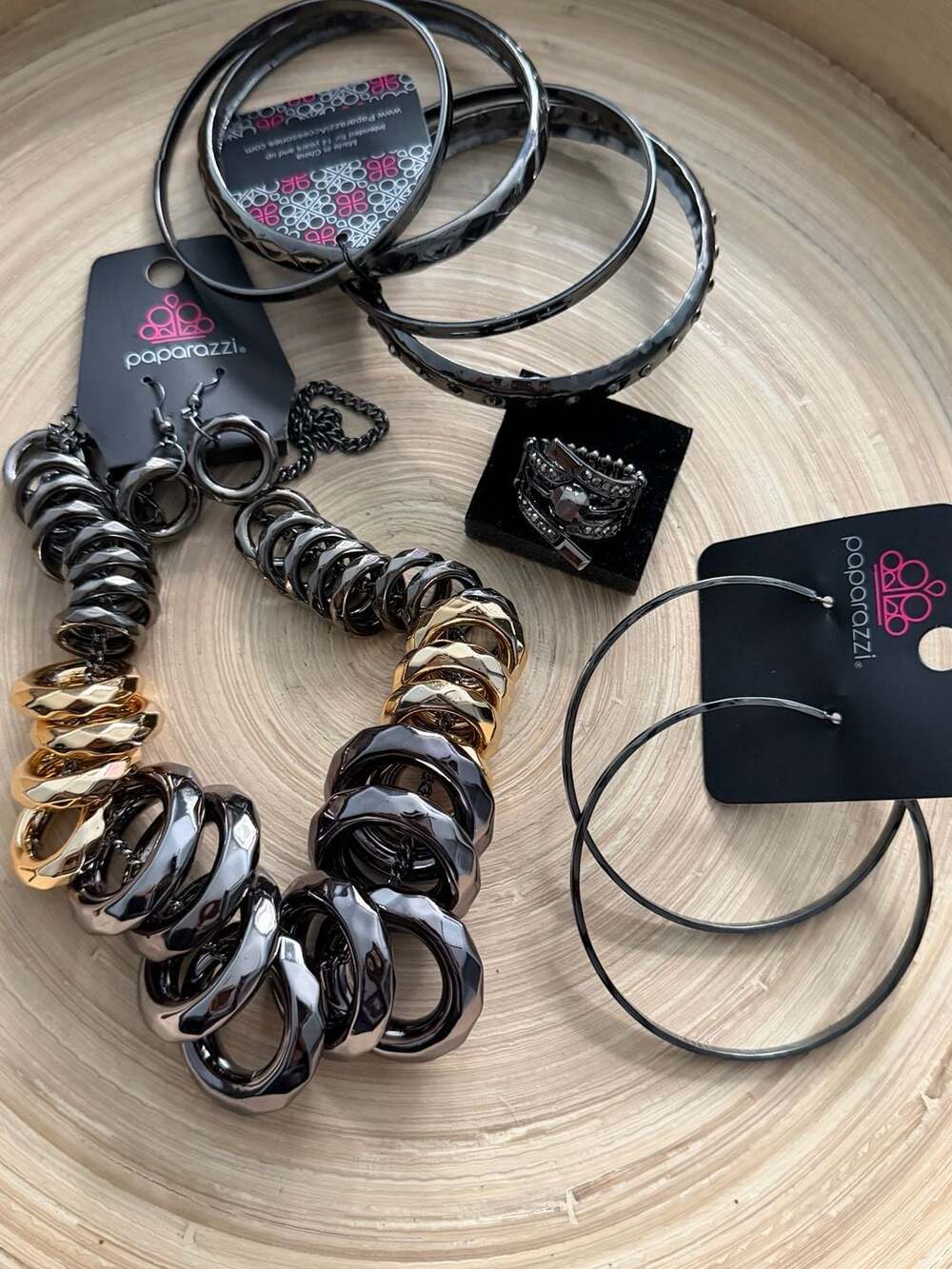Paparazzi Jewelry Bundle Gunmetal and Gold Necklace Earrings Bangles and Ring Se